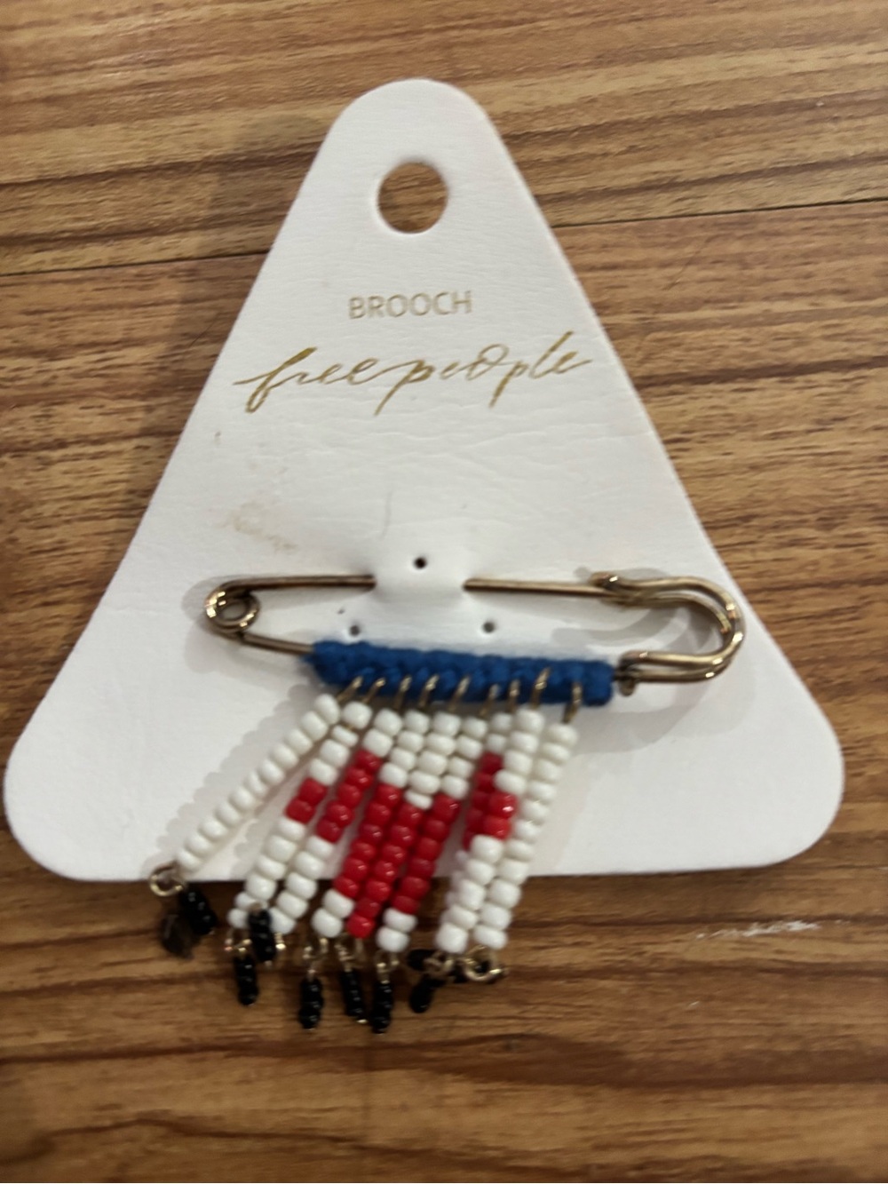 Free People Beaded Safety Pin Brooch in White, Red & Blue
